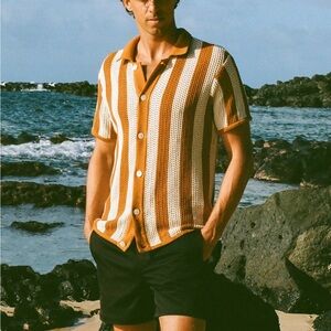 Dandy Del Mar Dominica crocheted striped button down burnt orange and cream